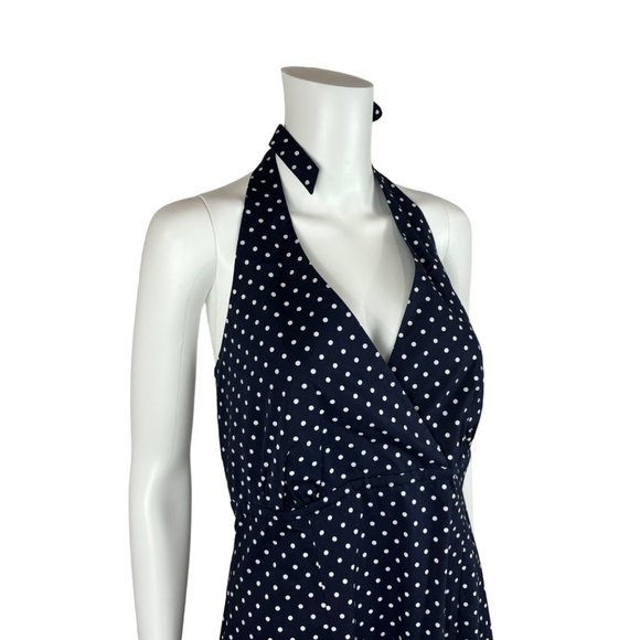 Lands End Polka Dot Dress Women's 14 Navy Blue Halter V-Neck Midi Sundress - Picture 4 of 9